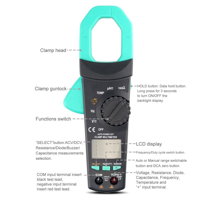 Professionele 1000A AC/DC Spanningsclampmeter met 3 5/6 cijfers display en multifunctionele stroommeting